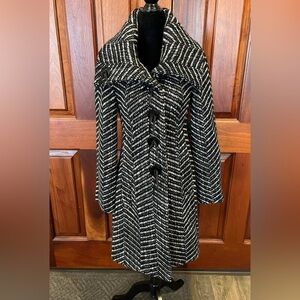1 Madison Swing Coat Wool Blend Shawl Collar Herringbone Black White Size Small
